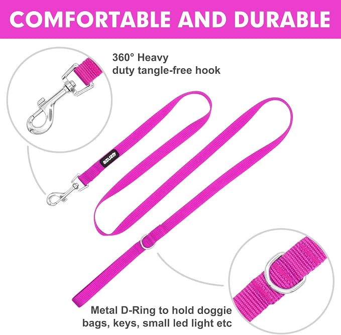 azuza Nylon Dog Collar and Leash Set, Strong & Durable Basic Style Leash and Collar with ID Tag Ring, Available in Multiple Lengths for Small Dogs, Purple,S