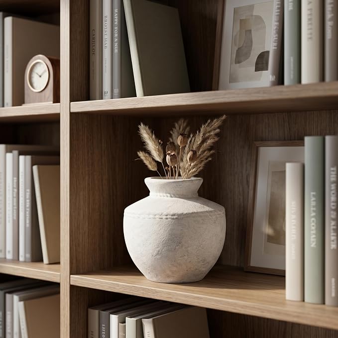 Rustic Farmhouse Vase 6 Inch Small White Ceramic Flower Vases for Home Decor Vintage Pottery Vase for Living Room Bedroom Shelf Office Coffee Table Centerpiece