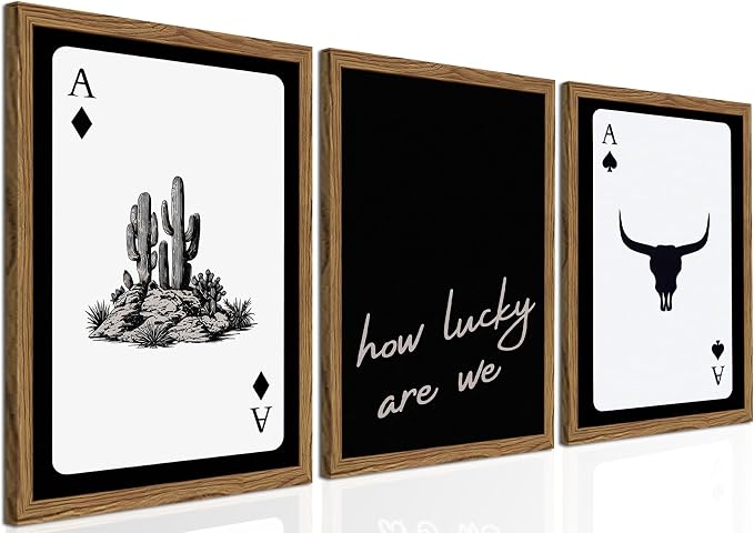 Western Wall Art Set of 3, Southwestern Cowboy Playing Card Wall Decor, Longhorn Bull Skull and How Lucky are We Poster Canvas Painting Prints for Bedroom Living Room 16x24 inch Wood Framed