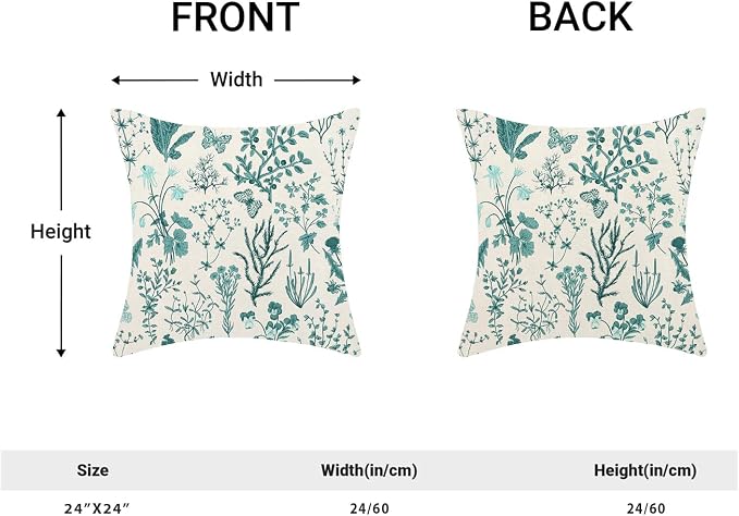 AEIOAE Summer Pillow Covers 24x24 Inch Set of 2,Teal Green Wild Flower Plant Throw Pillows Case,Seasonal Floral Outdoor Decorative Square Linen Farmhouse Decor Cushion Covers for Home Sofa Bed Couch