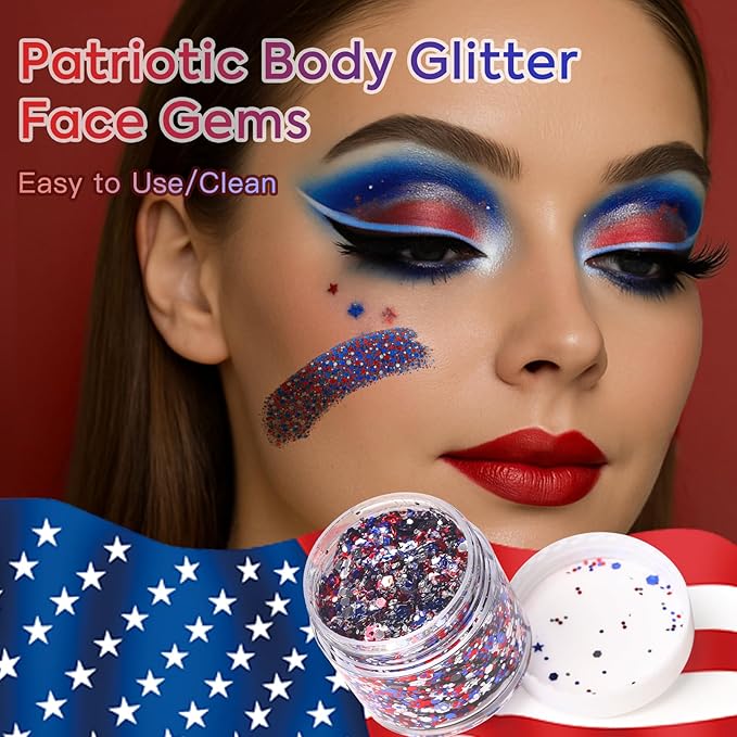 Red White Blue USA Flag Face Body Glitter, Pride Glitter Gel for Hair Nail Art, Holographic Chunky Sequins for Independence Day Patriotic Accessories 4th of July Festival Celebrations for Women