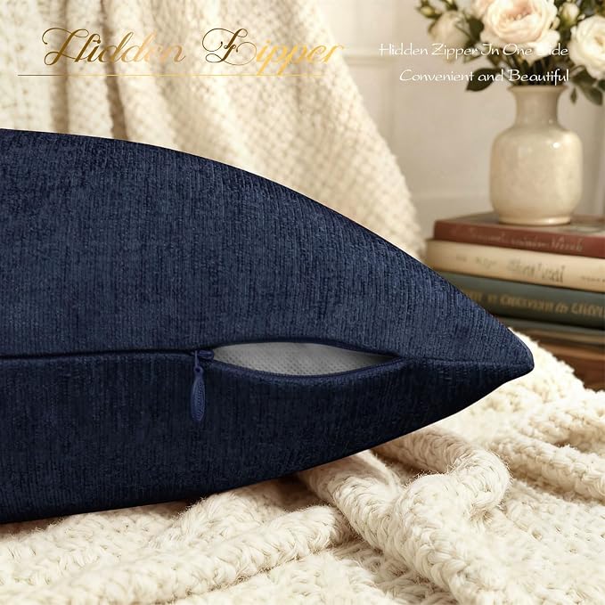 BRAWARM Throw Pillow Covers 20x20 Inches - Navy Blue Chenille Pillow Covers Pack of 2, Solid Dyed Soft Chenille Pillow Cases for Couch Sofa Bed Home Decoration