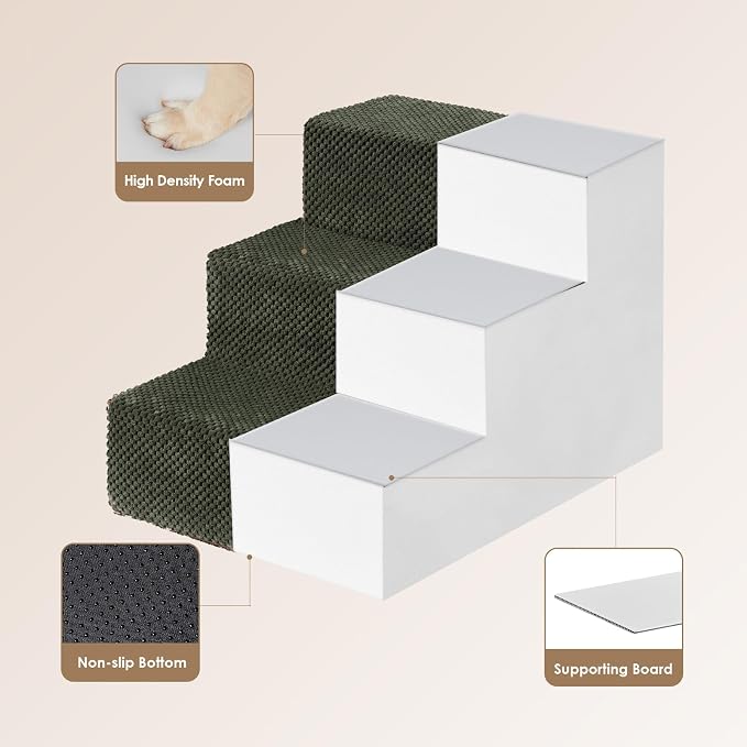EHEYCIGA Dog Stairs for Small Dogs 13.5" H, 3-Step Dog Steps for Cats, Military Green