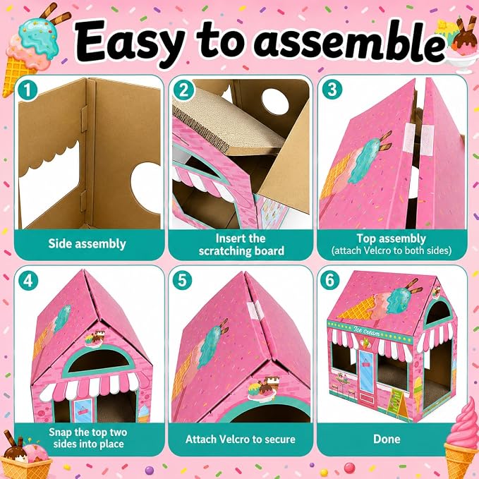 Cinrobiye Cardboard Cat House with Scratcher, Indoor Cat Condo Cat Cave Hideout with Scratch Pad, Cardboard Cat Playhouse Bed for Cats, Kittens, Rabbits & Small Pets (Ice Cream)