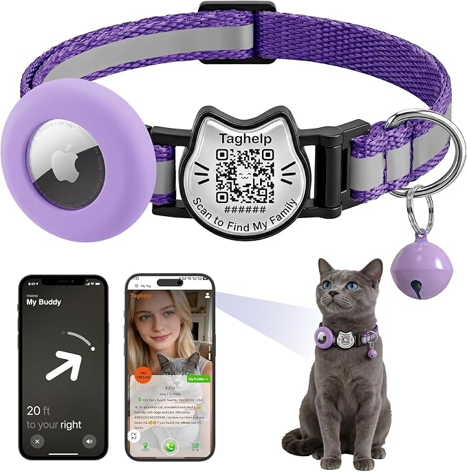 Cat Collar with AirTag Holder, QR Code Tag and Bell (Purple)