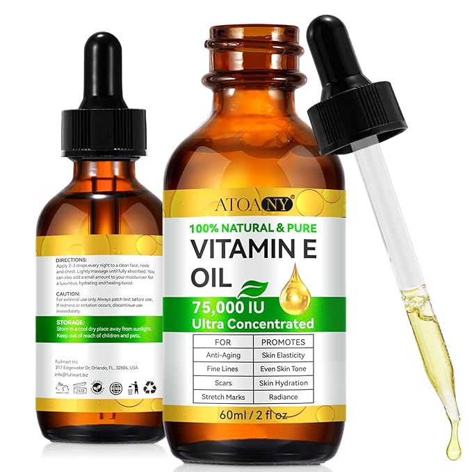 flasture Vitamin E Oil 75,000 IU – 100% Pure Natural Vitamin E for Skin, Face, Hair, Scars – Deep Moisturizing Body Oil for Dry Skin, Wrinkles – Cold-Pressed, Non-GMO,Skincare – 2 Fl Oz