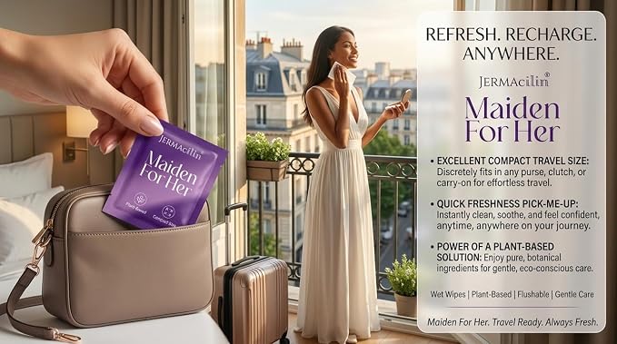 Maiden For Her Wet Wipes, PLANT-BASED, Gentle w/Purified Water, pH-Balanced Feminine Cleansing Wipes, Individually Wrapped, Paraben-Free, Flushable and Mild Fragrance