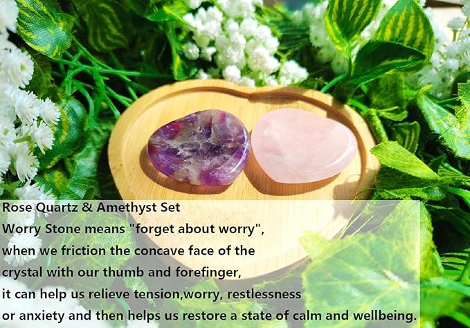QINJIEJIE 2PCS Rose Quartz Crystals Heart Stones Amethyst Hearts Crystal Worry Stones for Anxiety Thumb Palm Polished Gemstone Pocket Gem Hearts Gifts Valentine's Day Gifts Stocking Stuffers for Women