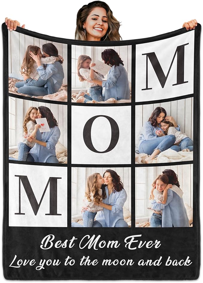 Custom Mom Blanket with 6 Photo & Text, Personalized Birthday Blanket with Picture for Mother, HD Printing Customized Flannel Throw Blanket Gifts for Best Mom Ever