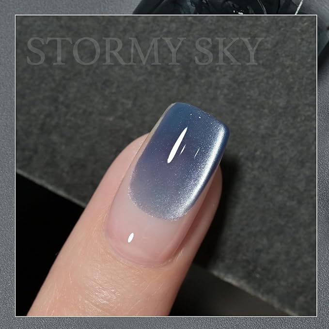 GAOY Jelly Blue Cat Eye Gel Nail Polish, 16ml Glitter Holographic Nail Polish with Magnet, Reflective Translucent UV Gel, 2990 Stormy Sky