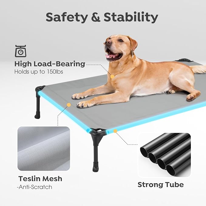 Veehoo 2 Pack Outdoor Elevated Dog Bed for Large Dogs, Cooling Raised Cots | Off-ground training platform, portable camping hammock, breathable mesh, easy to clean, no-tool setup, 42"x30", Gray