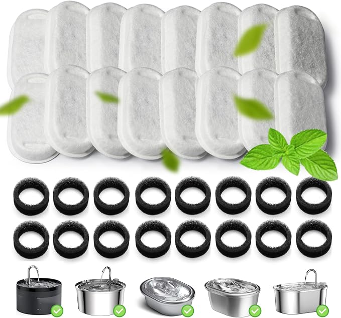 Cat Water Fountain Filter 32Pcs Fit 101oz/3L Stainless Steel Pet Fountain | Cat Fountain Replacement Filters for 67oz/2L, 108oz/3.2L Cat Water Fountains Pet Fountain Filters (16 Filters & 16 Sponges)