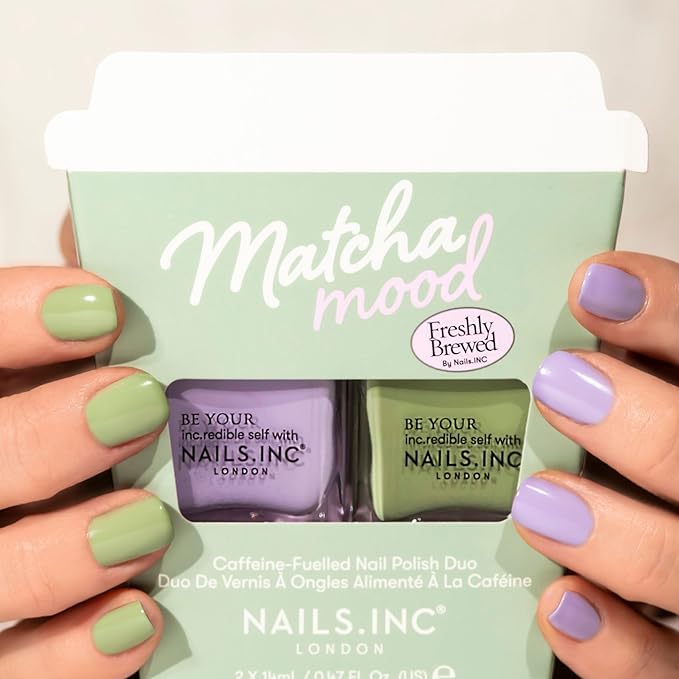 Nails Inc Matcha Mood Nail Polish Duo Gift Set, Caffeine & Green Tea Infused, Fast Drying, Long Lasting, High Shine, Chip Resistant, Air Dry Manicure, Cruelty Free, Matcha Green & Lilac, 2 Piece Set