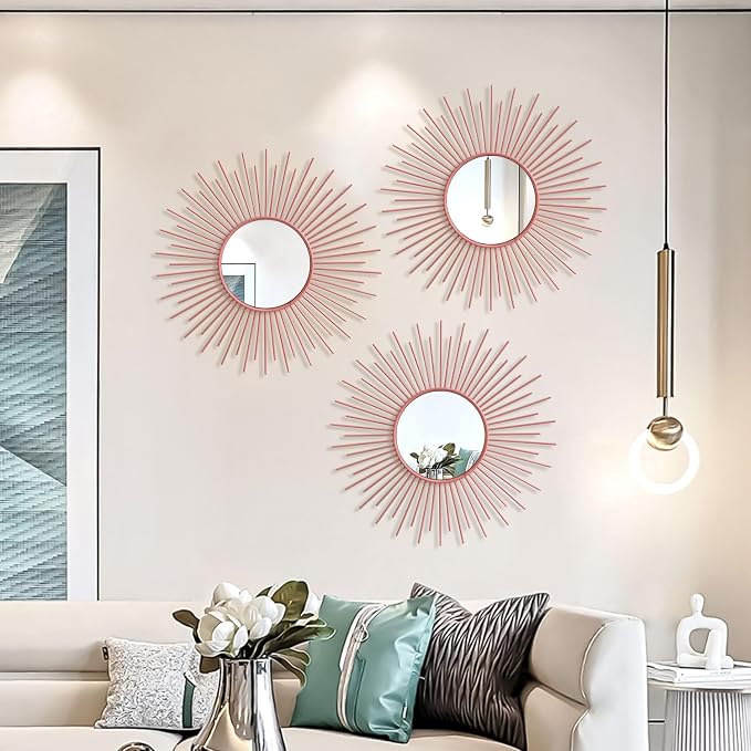 3 Pack Metal Mirrors for Wall Sunburst Wall Mirrors Home Décor Decorative Hanging Wall Art for Living Room Bedroom Entryway (Pink, Sunburst)