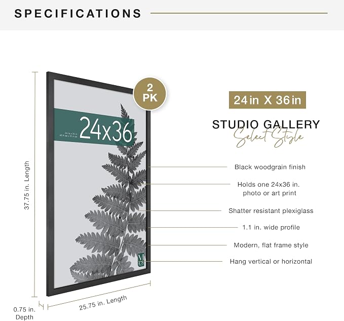 MCS Studio Gallery Movie Poster Frame 24x36 Black Woodgrain Engineered Wood, Vertical & Horizontal Wall Hanging Large Picture Frame for Photos, Artwork & Custom Posters (2-Pack)