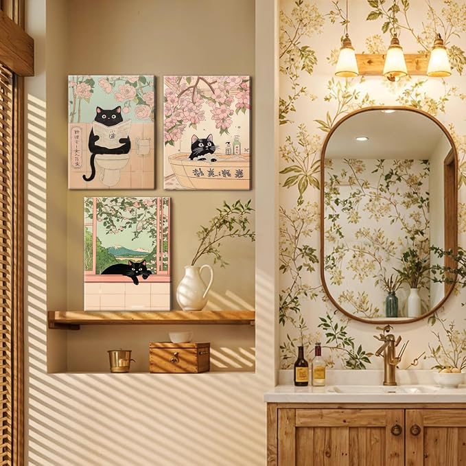Japanese Bathroom Wall Art Set of 3, Cute Black Cat Bathtub Wall Decor, Funny Animal Reading Newspaper Canvas Prints for Bathroom Bedroom Laundry Room 12x16 inch Framed