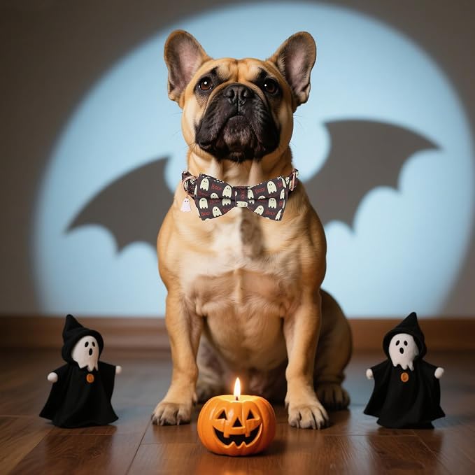 ADOGGYGO Halloween Dog Collar with Bow, Ghost Dog Bow Tie Collar, Medium