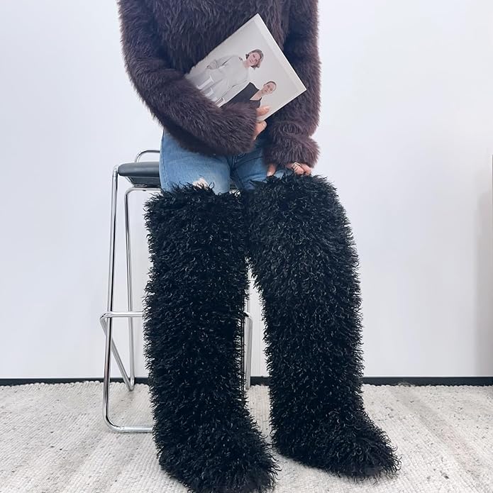 SWEETHEART BEAUTY Thigh High Shagy Teddy Fur Boots, 29 Inch Over the Knee Length Fluffy High Boots, Tall Furry Shoes For Women