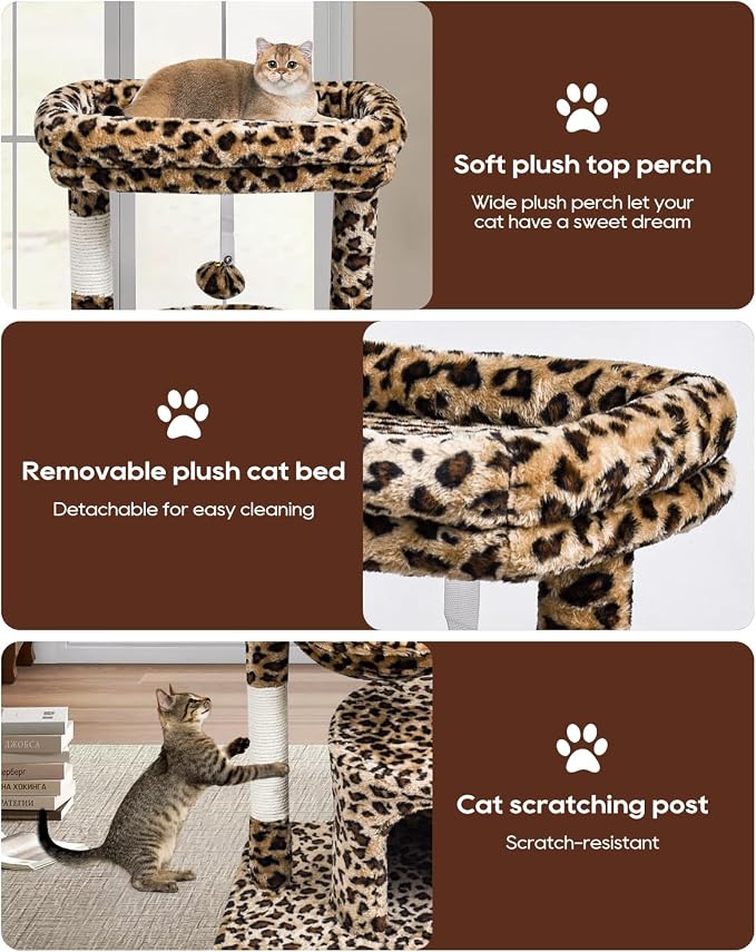 SYANDLVY Small Leopard Print Cat Tree for Indoor Cats, Modern Cat House | Cat Tower with Scratching Post & Padded Perch, Kittens Condo with Cradle, Cat Cave