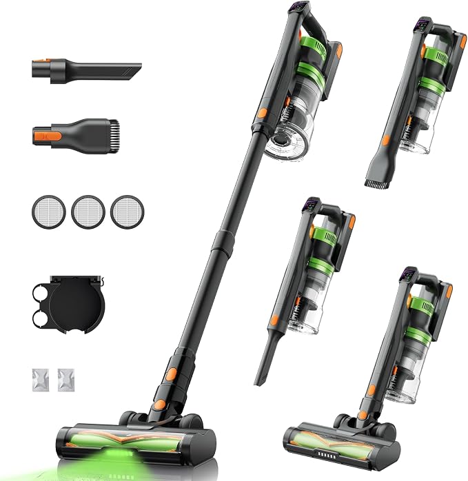 SunSare Cordless Vacuum Cleaner, 50KPa 600W 65Mins Stick Vacuum with 1 M Hose, Green Headlights, Aromatherapy, V-Anti-Tangle Rollor, 1.8L Dust Cup, Vacuum Cleaner for Pet Hair Carpets Floors, Green