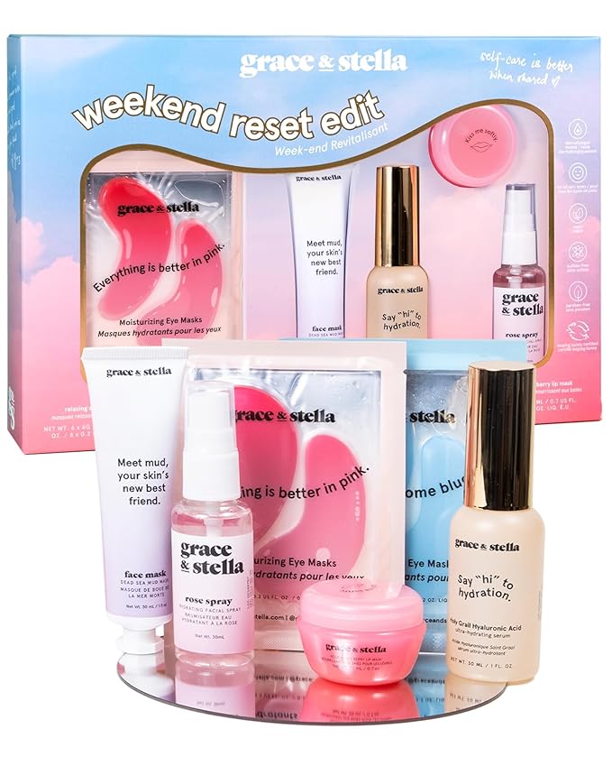 grace & stella Award Winning Skin Care Set - Gifts for Women - Travel Size Toiletries with Eye Masks, Hyaluronic Acid Serum, Lip Balm & More - Bridesmaids, Birthdays, Teen Girl Gifts - Vegan Self Care