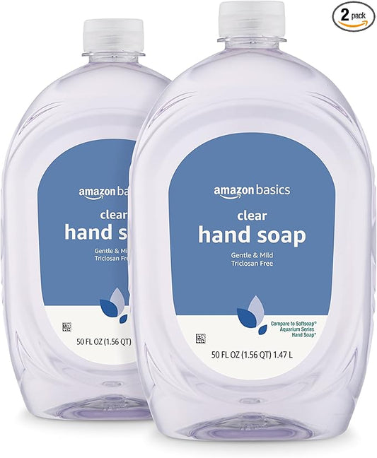 Amazon Basics Gentle & Mild Clear Liquid Hand Soap Refill, Triclosan-Free, Dermatologist-Tested, pH Balanced, 50 Fl Oz, 2-Pack (Previously Solimo)