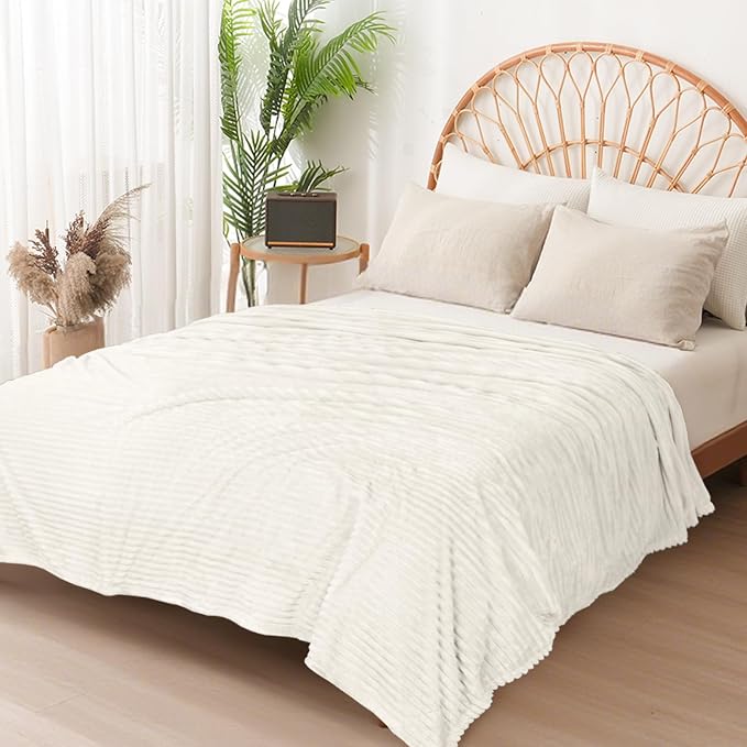 Vessia Flannel Fleece Striped Bed Blanket Twin Size(60x80inch), 300GSM Microfiber Cream Comfy Decor, Soft Warm Cozy Lightweight Ivory Ribbed Blanket for All-Season