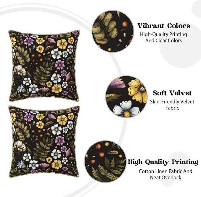 Blue Yellow Purple Floral Soft Velvet Throw Pillow Covers Set of 2 Plant Botanical Flowers Decorative Pillow Covers 18x18 In Vintage Black Pillow Case For Sofa Couch Living Room Farmhouse Home Decor