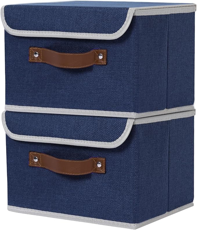 ANMINY Fabric Storage Box Bins with Lids, Blue, 13"x9"x7.9", 2 Pack | Keepsake Memory Storage, Cotton Linen, PP Board Reinforced, Washable, PU Handles, Foldable & Stackable, Decorative, Medium
