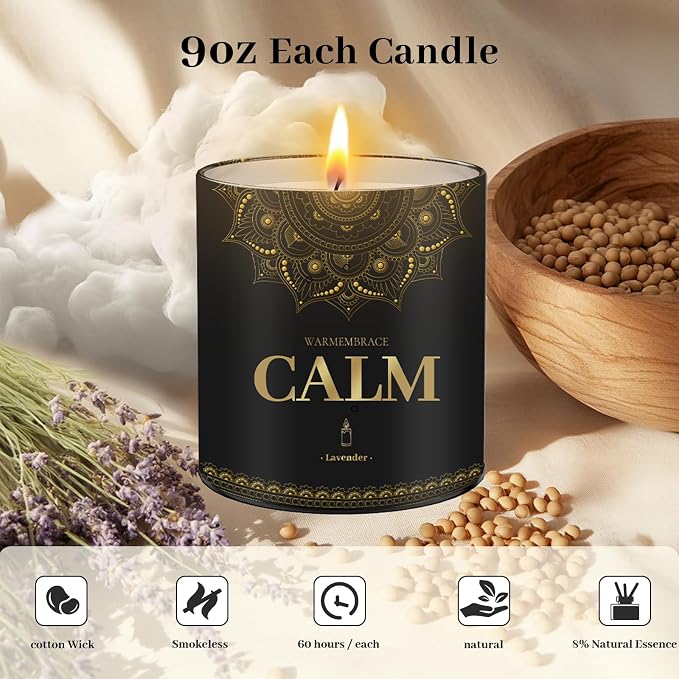 WarmEmbrace Scented Candles, 9 Oz Candle Sets for Home, Office, Meditation, Yoga, Candles for Women & Men, Birthday, Christmas, Father's Day Present, Lavender, Vanilla, Rose & Sandalwood, Lemon