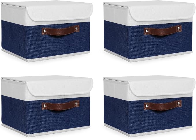 ANMINY Fabric Storage Box Bins with Lids, Blue White, 10"x8"x7", 4 Pack | Keepsake Memory Storage, Cotton Linen, PP Board Reinforced, Washable, PU Handles, Foldable & Stackable, Decorative, Small