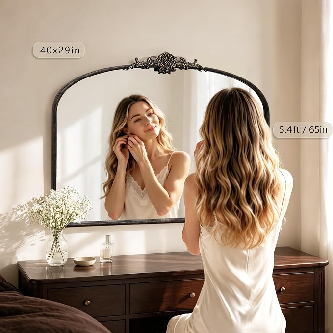 Besdomus Vintage Arched Black Mirror: 40"x29" Large Arch Antique Decorative | French Baroque Metal Framed Mirrors - Traditional Ornate for Entryway/Dresser/Fireplace/Bathroom - Ideal for Home Renovations