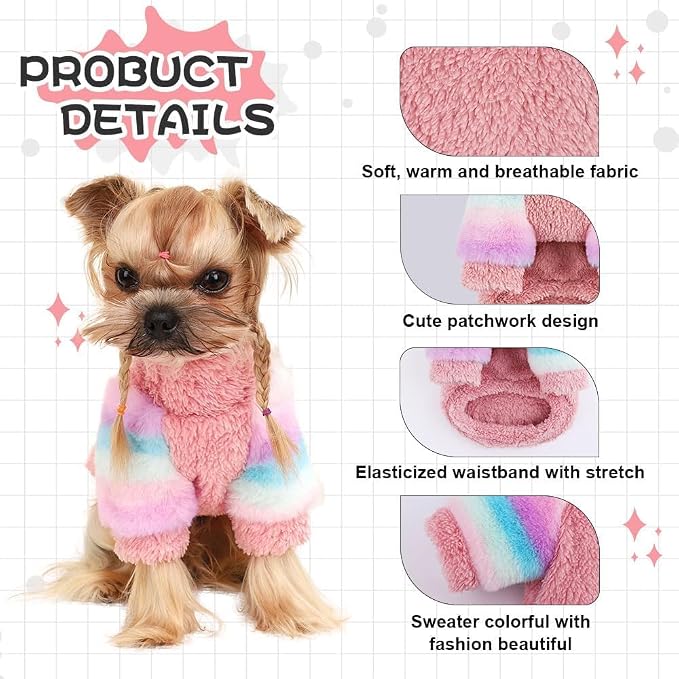 Dog Sweaters for Small Dogs, Chihuahua Fleece Clothes, Clothes Winter Warm Puppy Boys Girls, Rainbow Sleeve Sweater,Tiny Outfits Teacup Yorkie (Pink, X-Small)