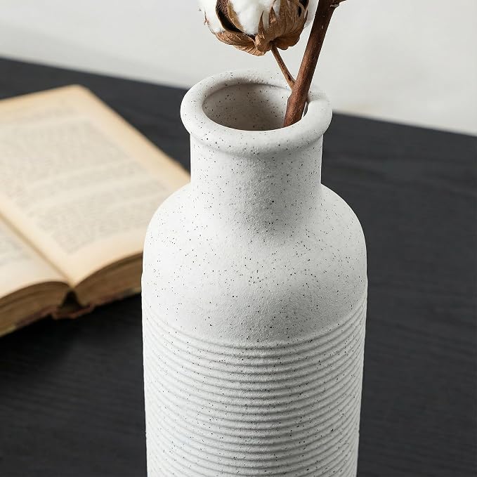 Rustic Farmhouse Vase Set of 3 - Ceramic Decorative Modern Flowers Vases Home Decor - Pampas Grass Dried Fresh Flowers - for Centerpiece, Table, Mantel Entryway, Kitchen (White 1)