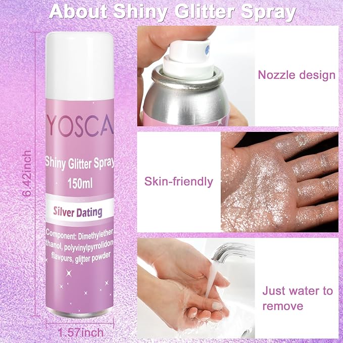 Yosca 150ML Body Glitter Spray, Diamond Silver Shiny Glitter Spray for Hair Body Clothes, Quick-Drying Long-Lasting Glitter Hairspray Shimmer Powder for Festival Concert Party Stage Rave Accessories