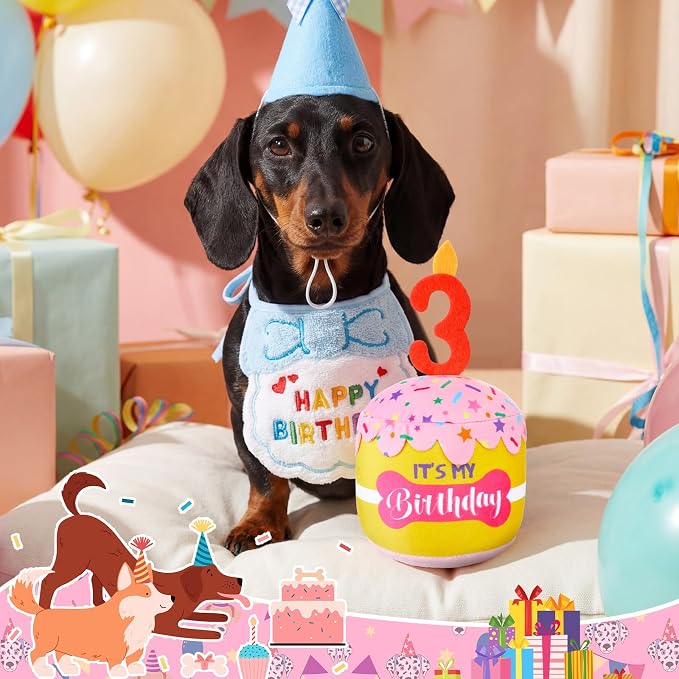 Dansydaisy Dog Birthday Cake Toy Squeaky Plush Gift,3rd,Pink and Yellow