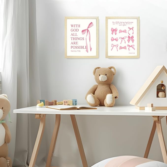 LARTSFRO Coquette Pink Bow Wall Art Decor Posters, Pink Bow Room Bedroom Bathroom Dorm Wall Art Decor Aesthetic for College Teen Girls Gifts, Inspirational Bible Verses Bow Wall Decor, 10x8 Inch Set of 4 Pcs Bow Pictures (WOOD-GRAIN FRAMED)