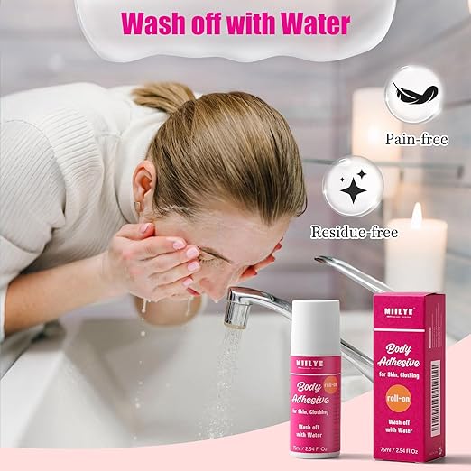 Body Adhesive Roll-On for Skin & Clothing 2.54 Oz-Sweat Resistant, Water Wash Off- Fashion Adhesive for Dancers, Socks, Stockings, Leotards, Bras, Wigs, Costumes
