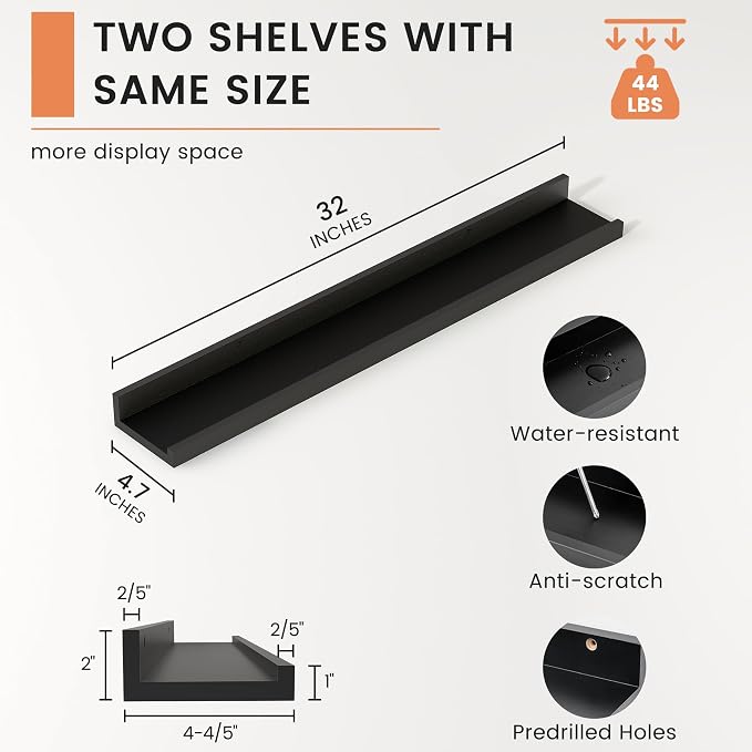 Picture Ledge Shelf, Floating Shelves for Wall, 32" W Set of 2, Black | FSC Certified Engineered Wood, Wall Mounted Bookshelf, for Nursery Living Room Bedroom, Pre-Drilled, Easy Install