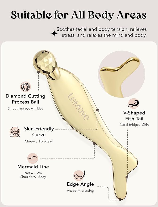 Lemove 4-in-1 Gua Sha Facial Tools, Facial Roller, Skin Care Roller with Stainless Steel, Face Ice Roller to Reduce Puffiness & Eye Strain, Relieved Facial Tension, Gift for Women and Men-Gold