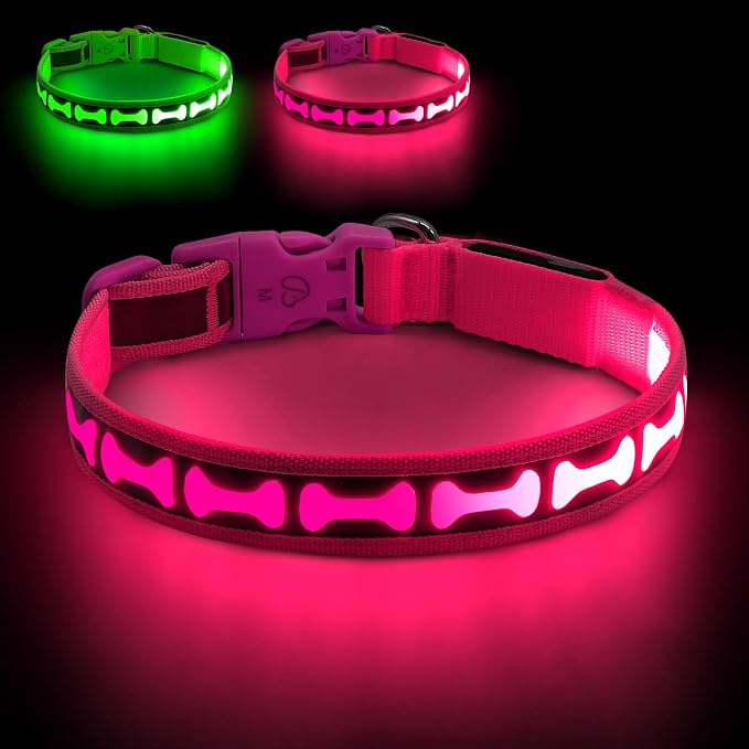 Flashseen LED Dog Collar Light Up USB-C Rechargeable (Pink, Large)