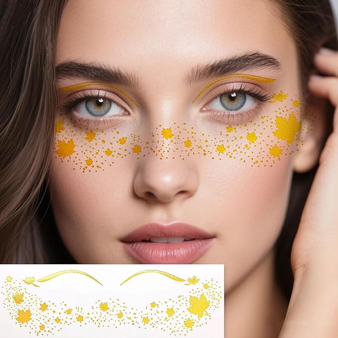 Maple Leaf Freckle Temporary Tattoos - Gold Glitter Face & Body Stickers for Women, Girls, Canadian Party Festival Makeup, Fall Autumn Thanksgiving Decoration Supplies (8 Sheets)