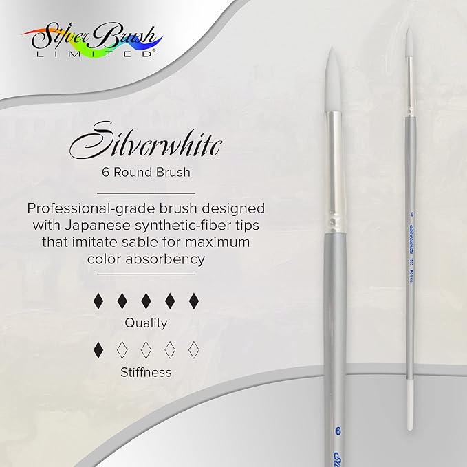 Silver Brush Limited 1500 Silverwhite Round Brush, Watercolor, Acrylics, Gouache, or Oil Brush, Size 6, Long Handle