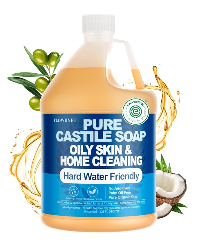 Pure Castile Soap Liquid Unscented 1 Gallon(128 fl oz) Refill, EWG Verified Organic Body Wash Bath Soap Castile Liquid,Hard Water Oily Skin Friendly for Body, Face, Hand,Home Cleaner