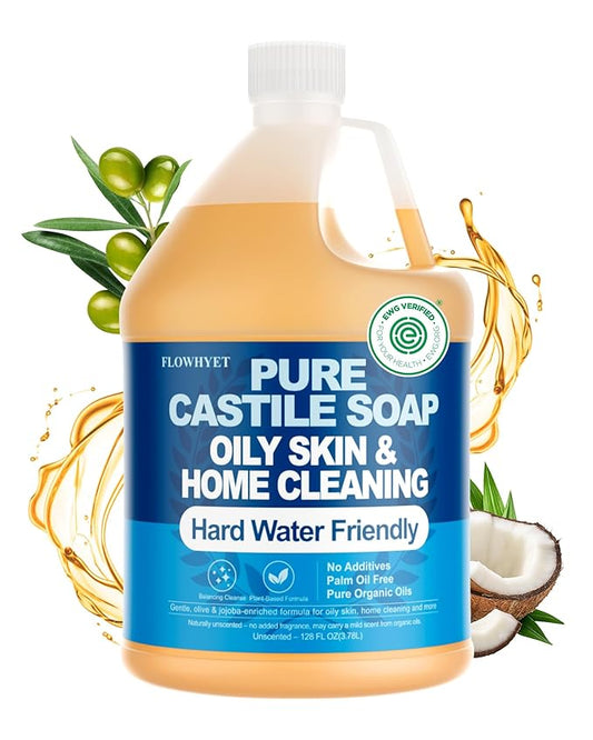 Pure Castile Soap Liquid Unscented 1 Gallon(128 fl oz) Refill, EWG Verified Organic Body Wash Bath Soap Castile Liquid,Hard Water Oily Skin Friendly for Body, Face, Hand,Home Cleaner