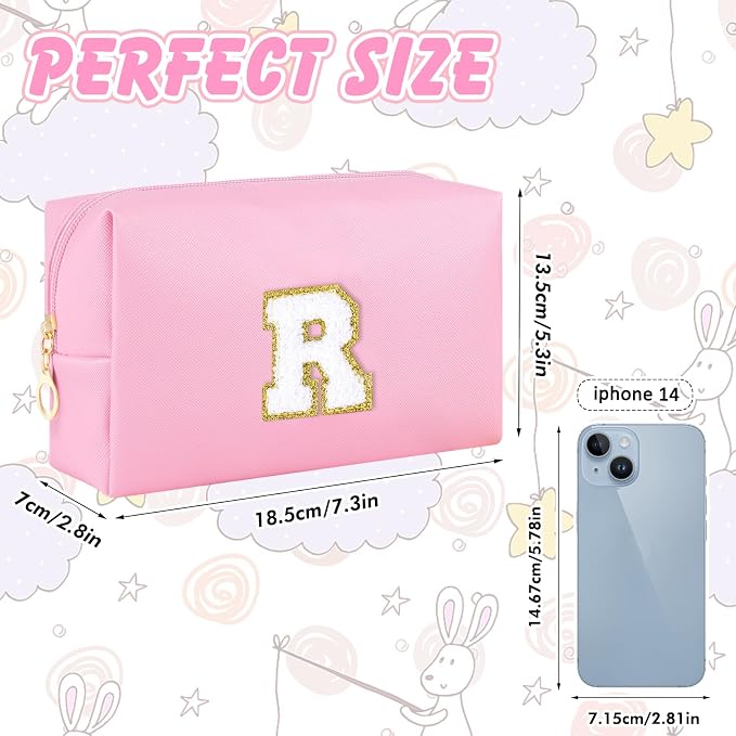 URSKYTOUS Initial Makeup Bag for Women Travel Small Cosmetic Bag Personalized Preppy Chenille Letter Waterproof Pink Makeup Pouch for Purse Monogram Toiletry Bag with Zipper PU Leather Makeup Case（R）