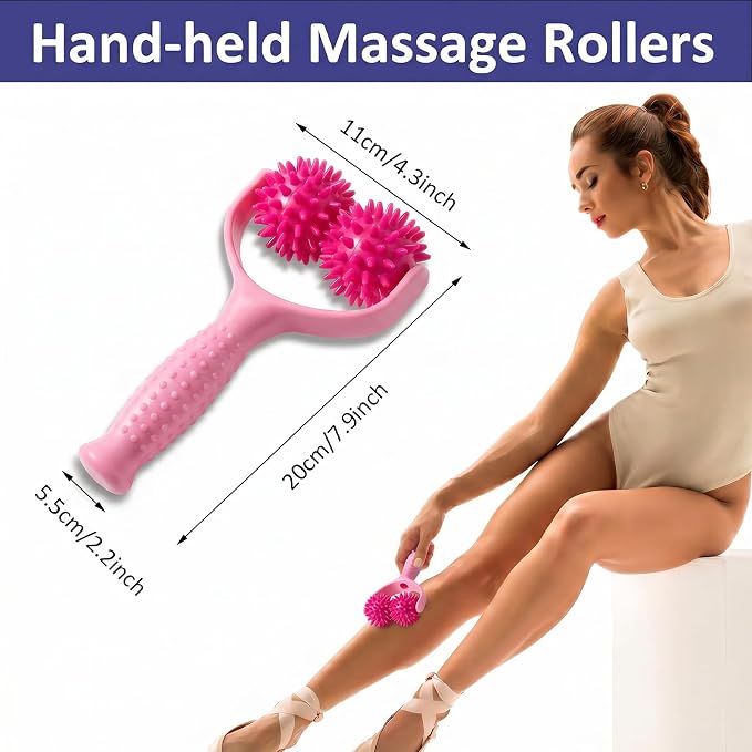 Handheld Spiky Massage Balls Rollers, 2 Wheel Spiky Silicone Manual Massage Roller with Ergonomic Handle, Portable Pressure Point Muscle Massages Tool for Foot Arm Body Neck Leg Pain Pressure Relief