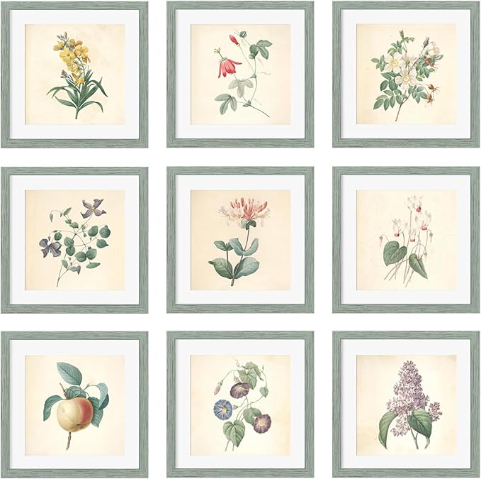 10x10 Picture Frame Set of 9, Display Pictures 8x8 with Mat or 10x10 without Mat, Multi Collage Gallery Square Photo Frames for Wall or Tabletop, Rustic Green