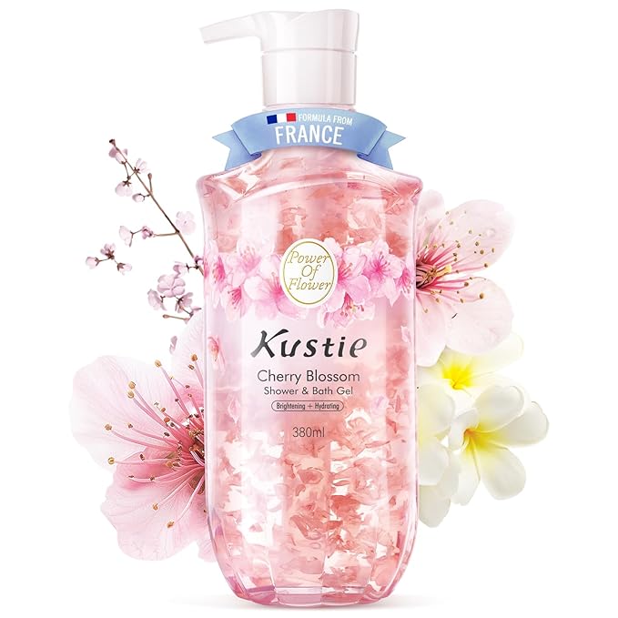 Kustie Cherry Blossom Body Wash with 380 Real Tokyo Sakura Petals – Vegan, Sulfate-Free & Antioxidant-Rich – Perfume-Level Scent – Niacinamide, Hyaluronic Acid & Squalane – 12.8 Fl Oz