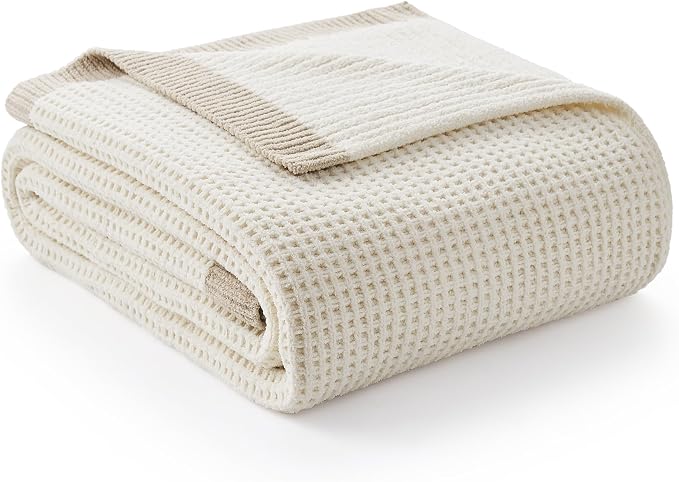 Chenille Throw Blanket, Soft Cozy Waffle Throw for Couch & Sofa, Warm Yet Lightweight, Breathable All-Season Throws for Women Men, Housewarming, Birthdays, 50"x60", Ivory